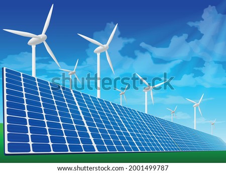 
Solar panels and wind turbines on the field.Graphic vector