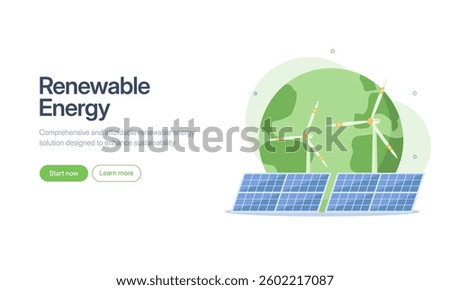 Solar panels and wind turbines on a green planet. Suitable for renewable energy, sustainable development, ecofriendly concepts, and environmental campaigns.