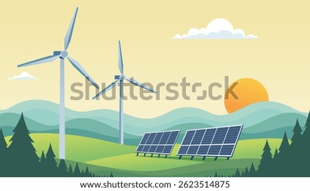 Solar panels and wind turbines on green hills with pine trees under a beautiful sunset sky