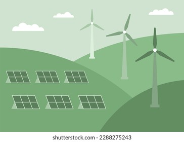 Solar panels and wind turbines power plant. Green energy industrial concept, clean production of electricity. Vector illustration