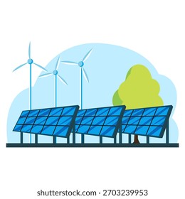 Painéis solares e turbinas eólicas com uma árvore no fundo, estilo gráfico plano em fundo branco e azul. Conceito de energia limpa. Ilustração vetorial