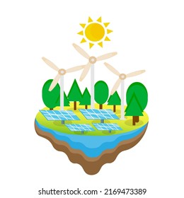Solar panels and wind turbines. Vector illustration. Eco friendly and energy industry concept (wind energy, renewable energy sources) isolated on white background.