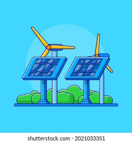 Paneles solares y molino de viento para la energía en una ilustración de diseño plano