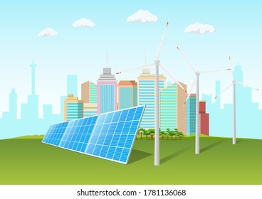 Paneles solares y molino de viento frente al horizonte de la ciudad. Concepto de ciudad ecológica.