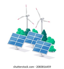 Solar panels and windmill turbines for electricity grid. Renewable electric sun wind power plant station. Clean sustainable energy photovoltaic generation. Isolated vector icon illustration on white.