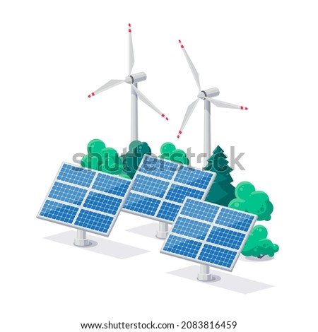 Solar panels and windmill turbines for electricity grid. Renewable electric sun wind power plant station. Clean sustainable energy photovoltaic generation. Isolated vector icon illustration on white.