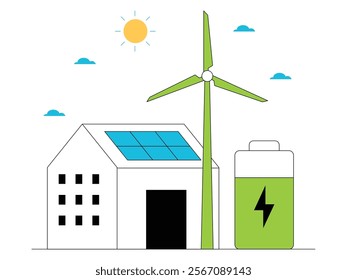 Solar panels and windmills can be used as alternative energy for everyday life, green energy vector illustration.