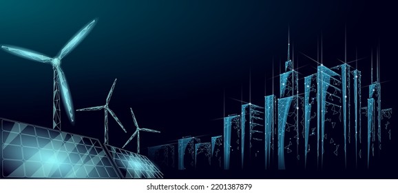 Solar Panels Windmills Turbine Generating Electricity. Green Ecology Saving Environment. Renewable Power Low Poly Polygonal Geonetric Abstract Gray White Sky Design Vector Illustration