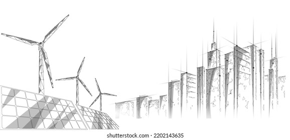 Solar Panels Windmills Turbine Generating Electricity. Green Ecology Saving Environment. Renewable Power Low Poly Polygonal Geonetric Abstract Gray White Sky Design Vector Illustration