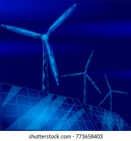Solarpaneele Windmühlen Turbinen, die Strom erzeugen. Umweltschonende Umwelt. Erneuerbare Kraft Low-Poly-Polygonal-Geonetric, dunkelblauer Himmeldesign, Vektorgrafik
