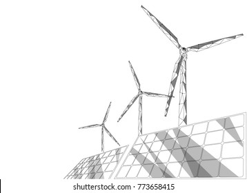 Solar panels windmills turbine generating electricity. Green ecology saving environment. Renewable power low poly polygonal geonetric abstract gray white sky design vector illustration