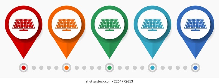 Solar, photovoltaic power concept vector icon set, flat design renewable energy pointers, infographic template easy to edit