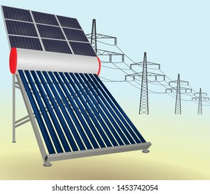 Solar pipes heater with solar panels. vector illustration