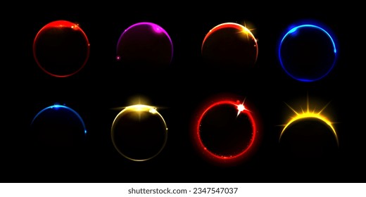 Solar planet eclipse light and sunrise flare ring effect. Abstract earth or moon edge circle set isolated with mysterious sunset rays. Outer blaze in universe icon on black background illustration.