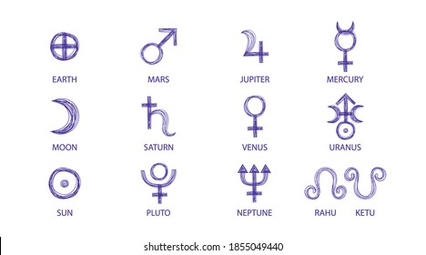 Solar planet signs hand drawn line with blue pen. Vector astrological planetary symbols set. Sun earth moon mars saturn venus jupiter rahu ketu