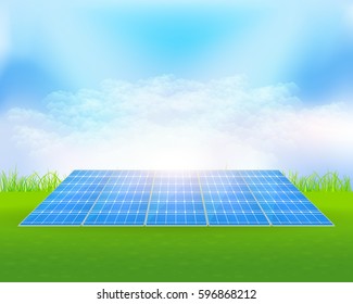 Solar Plant Concept Hi-Tech Energy Illustration. Vector Realistic Summer Lansdcape Background