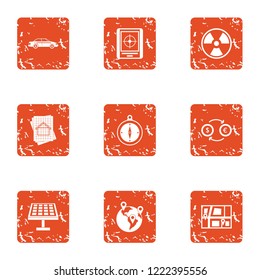 Solar plate icons set. Grunge set of 9 solar plate vector icons for web isolated on white background