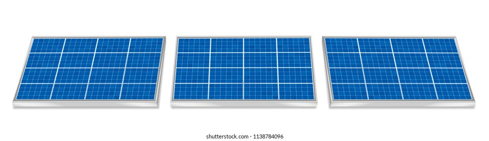 Solar Plates Collector Set. Three 3d Photovoltaic Panels, Side By Side, Horizontal Positioning - Isolated Vector Illustration On White Background.