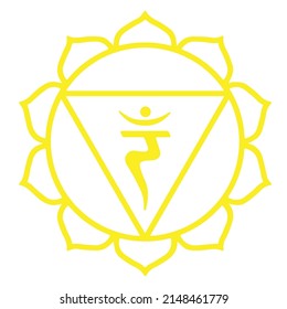 The Solar Plexus Chakra - Manipura, City Of Jewels, Yellow Sign, Fire Element Isolated On White Background.  Is The Center Of Self-esteem And Emotions Like Ego, Anger, And Aggression. 