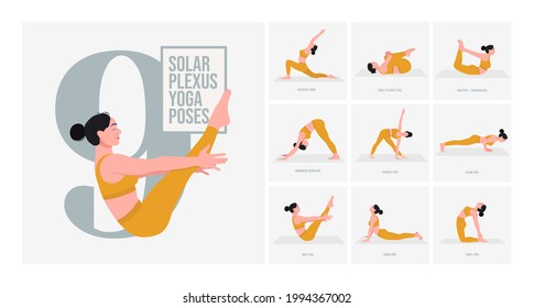 Solar Plexus Chakra Yoga poses. Young woman practicing Yoga pose. Woman workout fitness, aerobic and exercises. Vector Illustration.