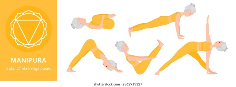 Solar Plexus Chakra Yoga poses. Elderly woman practicing Manipura Chakra Yoga asana. Healthy lifestyle. Flat cartoon character. Vector illustration