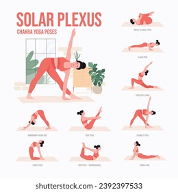 SOLAR PLEXUS CHAKRA Yoga poses. Young woman practicing Yoga pose. Woman workout fitness, aerobic and exercises.