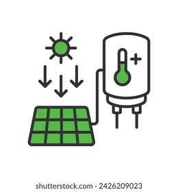 Solar Power to Boil Water icon in line design green. Solar, power, boil, water, energy, sun, heat, panel isolated on white background vector. Solar Power to Boil Water editable stroke icon.