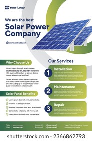 Solar power company flyer template. renewable energy solution poster layout design.