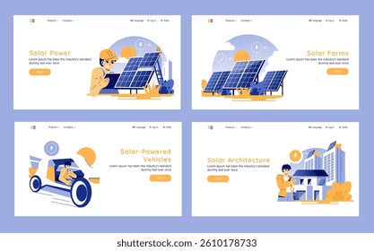 Solar Power concept. A collection of vector illustrations showcasing solar energy applications, featuring solar panels, solar vehicles, and sustainable architecture. Focus on renewable energy