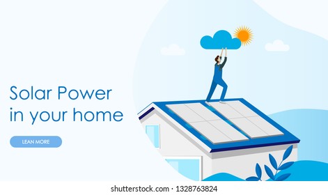 Solar power concept landing page. Solar cell system home. Energy panels to produce electricity. Website template. Flat vector illustration