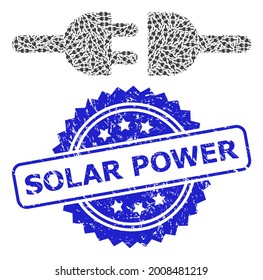 Conexión eléctrica de mosaico de mosaico de recursión de vectores y foco sucio de energía solar. El sello azul contiene el título Solar Power dentro de la rosette. El mosaico vectorial está hecho de iconos de conexión eléctrica girada recursiva.