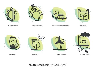 solar power, eco friendly, eco bags, compost, bio gas, wind energy Ecological Power Concept Flat Design Style vector illustration