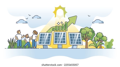 Solar power efficiency with sun panels electricity economy outline concept. Alternative energy with nature friendly or renewable technology financial calculation for savings growth vector illustration