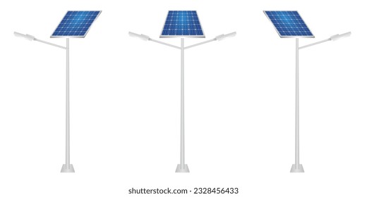 Solar Power Energy Lamp Post. Solar Panel Street Lamp Post. Lamp Post with Solar Panel. Vector Illustration Isolated on White Background. 