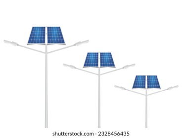 Solar Power Energy Lamp Post. Solar Panel Street Lamp Post. Lamp Post with Solar Panel. Vector Illustration Isolated on White Background. 