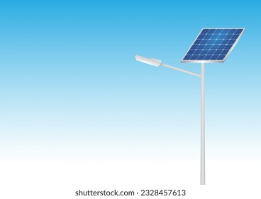 Solar Power Energy Lamp Post against Blue Sky. Solar Panel Street Lamp Post. Lamp Post with Solar Panel. Vector Illustration Isolated on White Background. 