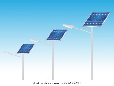 Solar Power Energy Lamp Post against Blue Sky. Solar Panel Street Lamp Post. Lamp Post with Solar Panel. Vector Illustration Isolated on White Background. 