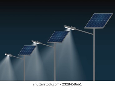 Solar Power Energy Lamp Post in the Dark Night. Solar Panel Street Lamp Post. Lamp Post with Solar Panel. Vector Illustration Isolated on White Background. 
