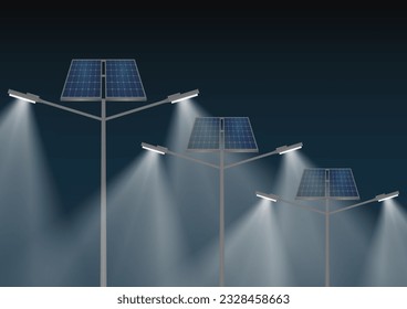 Solar Power Lamp Post in der Dunklen Nacht. Solar Panel Street Lamp Post. Leuchtenposten mit Solarpaneelen. Vektorgrafik einzeln auf weißem Hintergrund. 