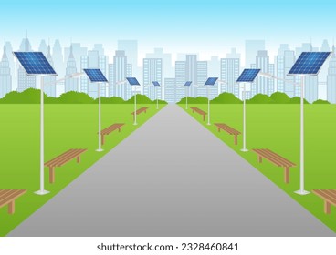 Solar Power Energy Lamp Post in a Park. Green City. Alternative Clean and Green Energy. Eco-Friendly Concept. Vector Illustration. 