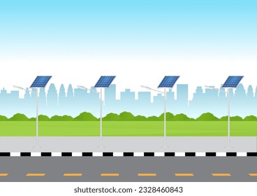 Solar Power Energy Lamp Post in a Park. Green City. Alternative Clean and Green Energy. Eco-Friendly Concept. Vector Illustration. 