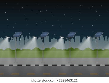 Solar Power Energy Lamp Post in a Park at Night. Green City. Alternative Clean and Green Energy. Eco-Friendly Concept. Vector Illustration. 