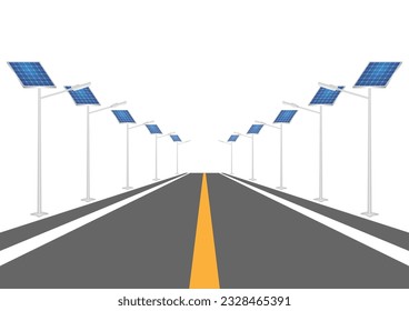 Solar Power Energy Lamp Post on the Road. Solar Panel Street Lamp Post. Lamp Post with Solar Panel. Vector Illustration Isolated on White Background. 