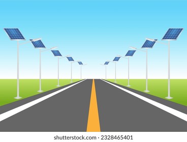 Solar Power Energy Lamp Post on the Road. Solar Panel Street Lamp Post. Lamp Post with Solar Panel. Vector Illustration Isolated on White Background. 
