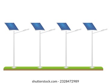 Solar Power Energy Lamp Post. Solar Panel Street Lamp Post. Lamp Post with Solar Panel. Vector Illustration Isolated on White Background. 