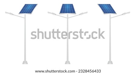 Solar Power Energy Lamp Post. Solar Panel Street Lamp Post. Lamp Post with Solar Panel. Vector Illustration Isolated on White Background. 