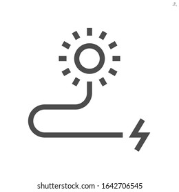 Solar power energy vector icon. Consist of sun, wire or cable and plug. To generate electrical power or direct current electricity by use sunlight. Concept for green energy and eco. 48x48 pixel.