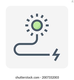 Solar power energy vector icon. Consist of sun, wire or cable and plug. To generate electrical power or direct current electricity by use sunlight. Concept for green energy and eco. 48x48 pixel.
