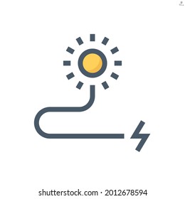 Solar power energy vector icon. Consist of sun, wire or cable and plug. To generate electrical power or direct current electricity by use sunlight. Concept for green energy and eco. 48x48 pixel.