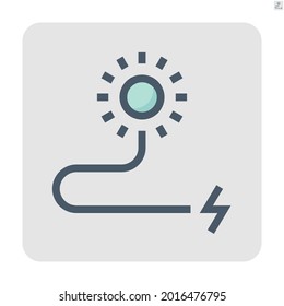 Icono vector de energía solar. Consiste en sol, cable o cable y enchufe. Para generar energía eléctrica o corriente directa mediante el uso de luz solar. Concepto de energía ecológica y ecológica. 48x48 píxeles.